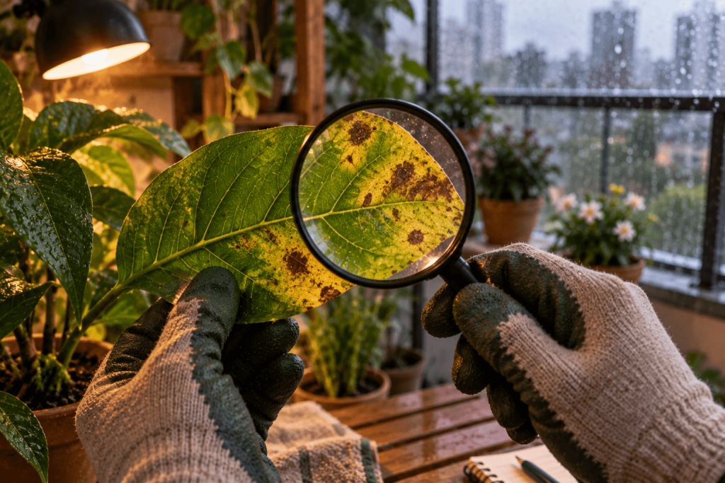 Folha com manchas sendo observada com uma lupa para investigar possíveis alterações