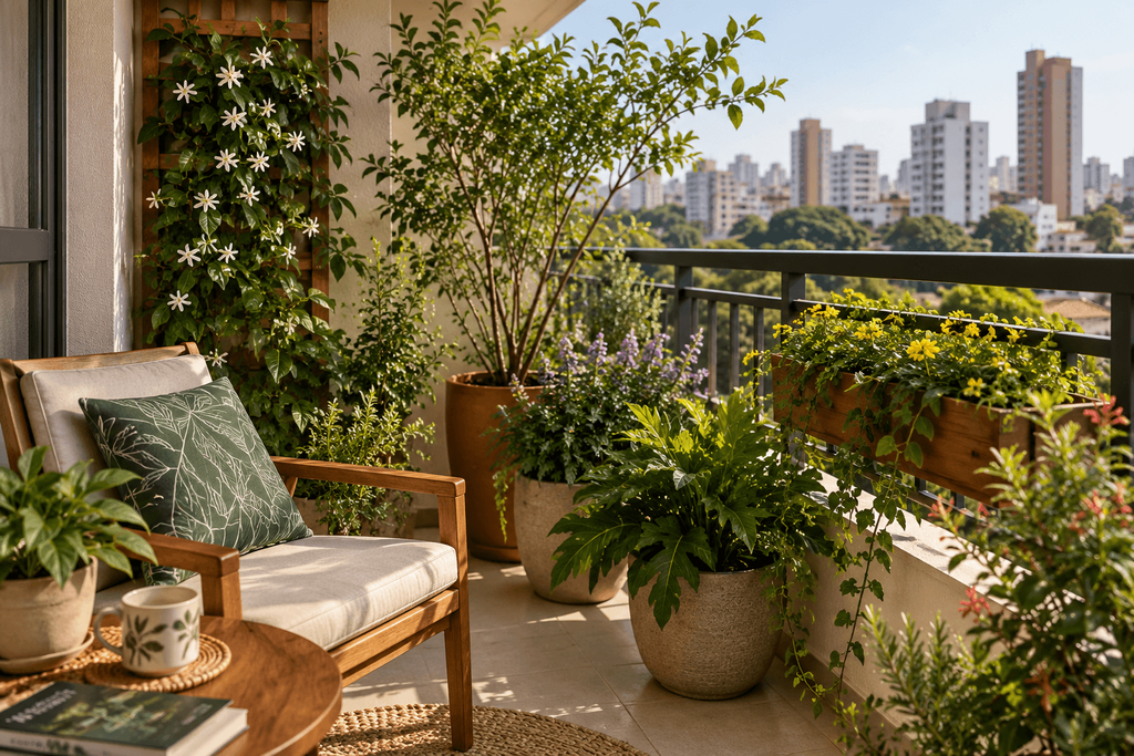 Varanda urbana com plantas em vasos e vegetação