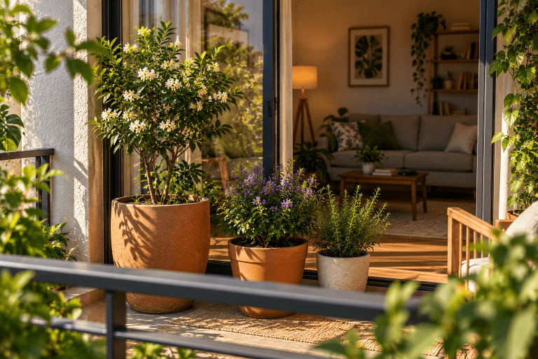 Vasos de diferentes tamanhos com plantas de portes variados em uma varanda urbana