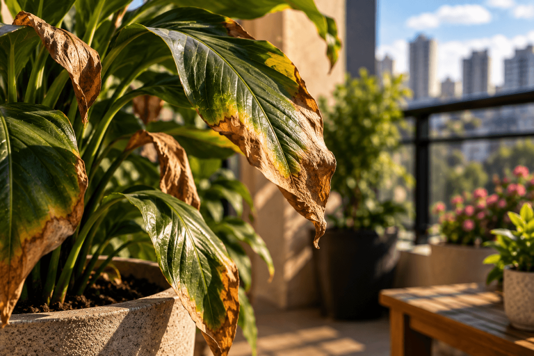 Folhas de planta em vaso com bordas secas e áreas amarronzadas em uma varanda