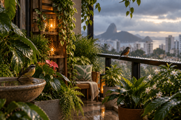 Plantas em vasos em uma varanda de meia-sombra com luz natural suave