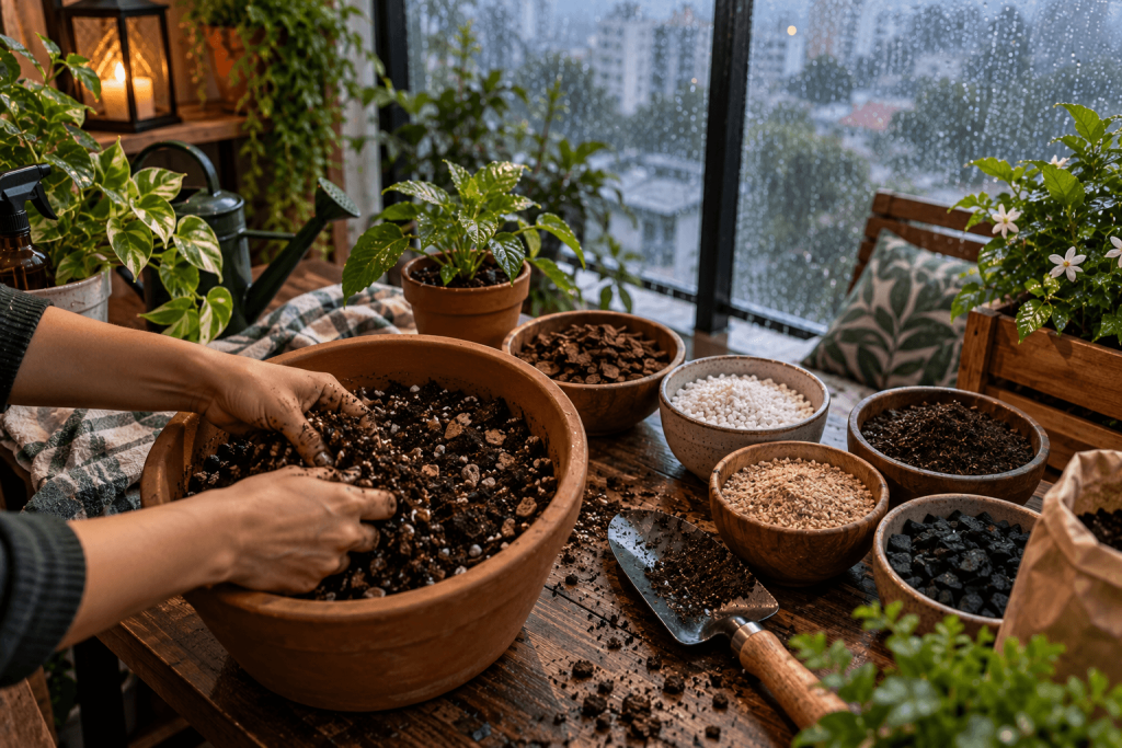 Preparação de substrato para cultivo de plantas em vasos sobre uma bancada de jardinagem