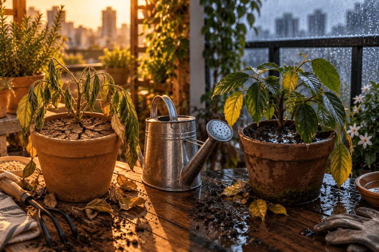 Comparação visual entre uma planta com substrato seco e outra em vaso excessivamente úmido