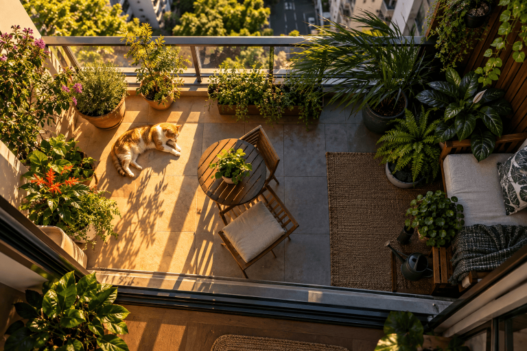 Vista superior de uma varanda com diferentes áreas de sol, sombra e exposição ao vento