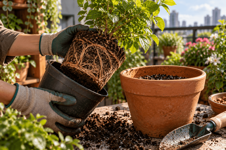 Planta sendo retirada do vaso para avaliação das raízes antes do transplante