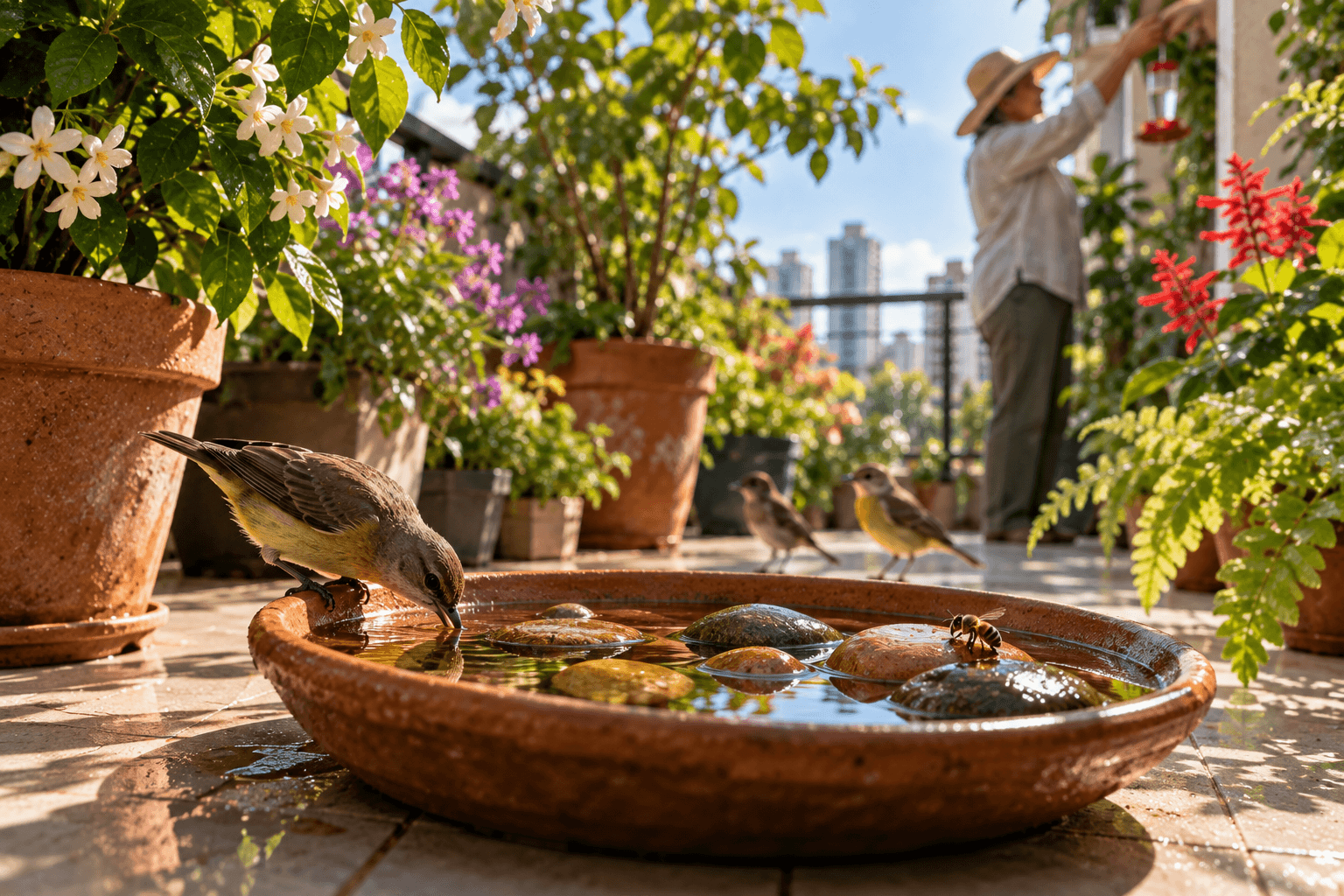Como criar pontos de água para aves e insetos na varanda com segurança